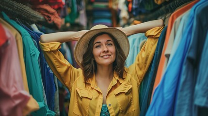 Fototapeta premium A young woman with a hat smiles while browsing through a vibrant collection of clothing in a lively market, surrounded by colorful fabrics and cheerful atmosphere