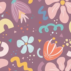 A vibrant and colorful floral pattern featuring various stylized flowers, leaves, and abstract shapes in pastel colors. The design includes colorful elements creating a cheerful and playful aesthetic
