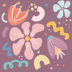 A vibrant and colorful floral pattern featuring various stylized flowers, leaves, and abstract shapes in pastel colors. The design includes colorful elements creating a cheerful and playful aesthetic