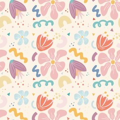 A vibrant and colorful floral pattern featuring various stylized flowers, leaves, and abstract shapes in pastel colors. The design includes colorful elements creating a cheerful and playful aesthetic