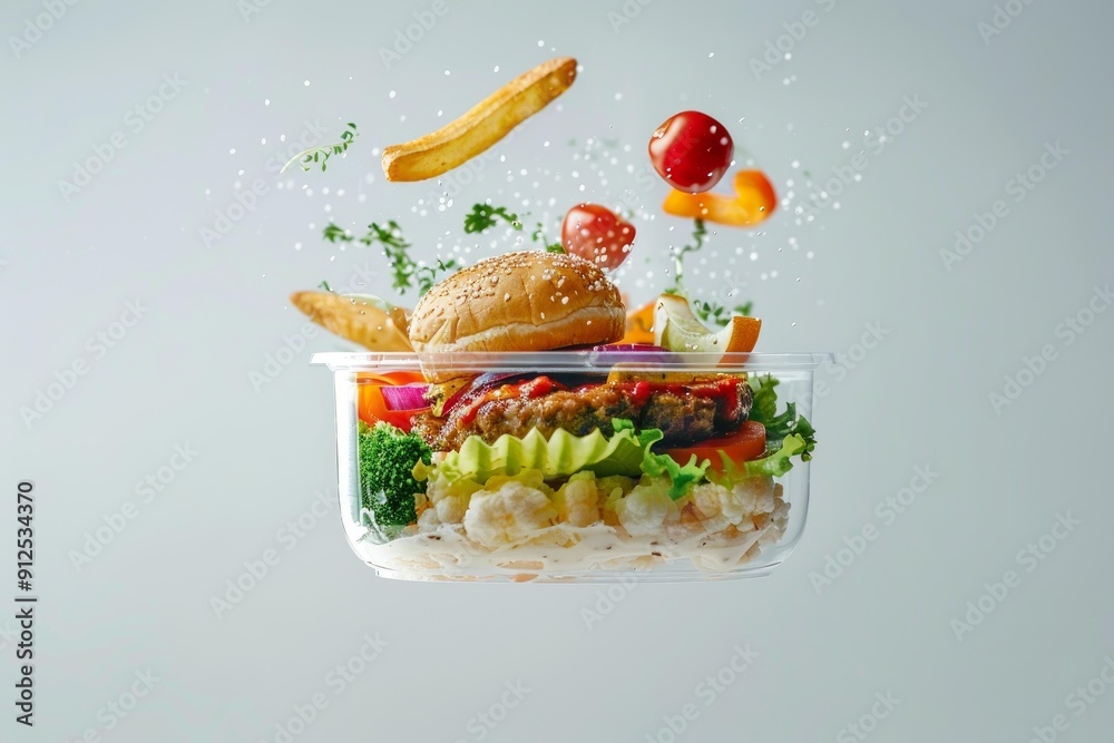 Wall mural delicious burger is floating in a transparent lunch box with fresh ingredients