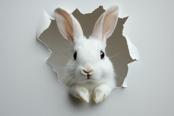 Obraz premium A playful white rabbit peering through a torn hole of paper, set against a white background, capturing a moment of whimsical surprise