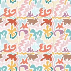 A colorful abstract pattern featuring organic shapes and fluid lines in pastel hues. The design includes swirls, blobs, and curves in shades of pink, blue, orange, and beige.