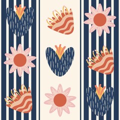 A colorful pattern featuring stylized flowers and hearts on a striped background. The design includes pink and blue flowers, navy hearts, and alternating stripes.
