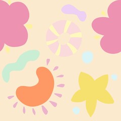 A colorful and playful pattern featuring flowers, abstract shapes, and circular designs in pastel colors. The background is light cream, with pink, yellow, orange, and green elements.