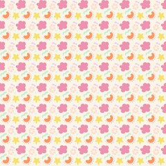 A colorful and playful pattern featuring flowers, abstract shapes, and circular designs in pastel colors. The background is light cream, with pink, yellow, orange, and green elements.