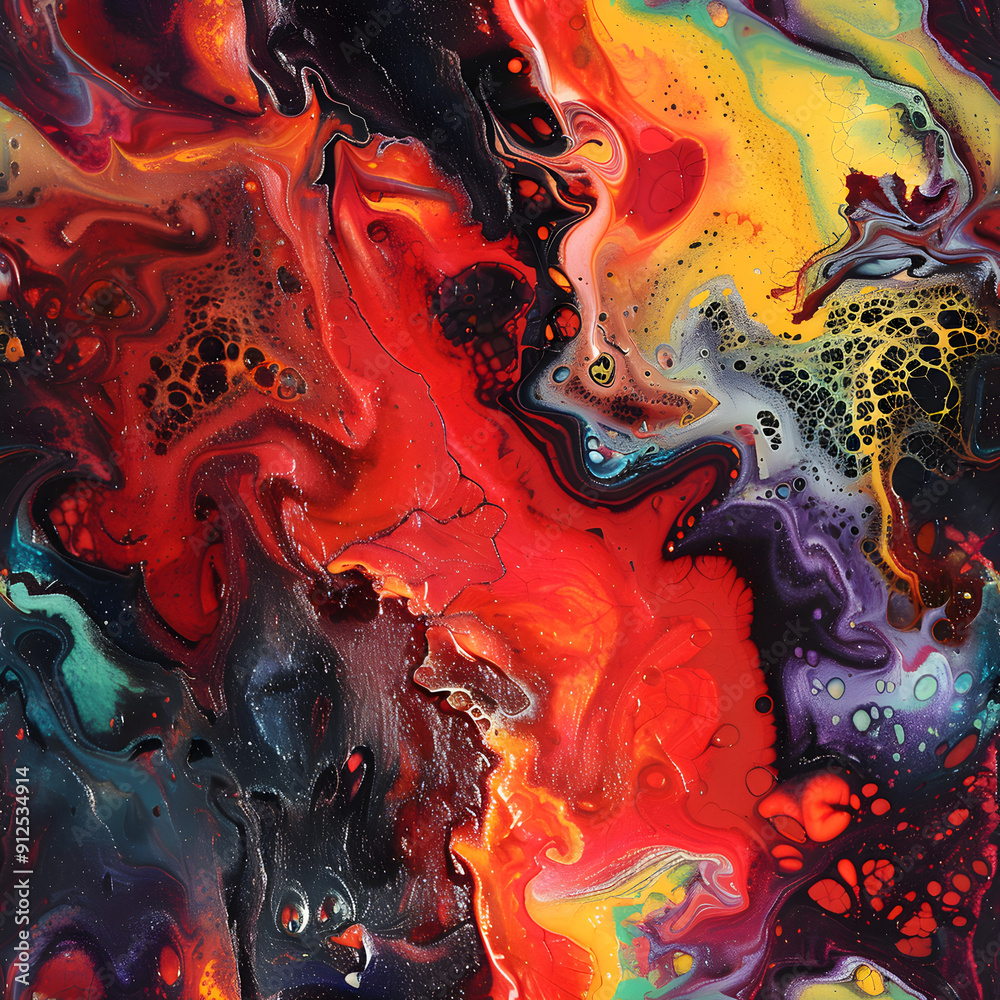 Poster Abstract colorful acrylic painting creating swirls and cells pattern