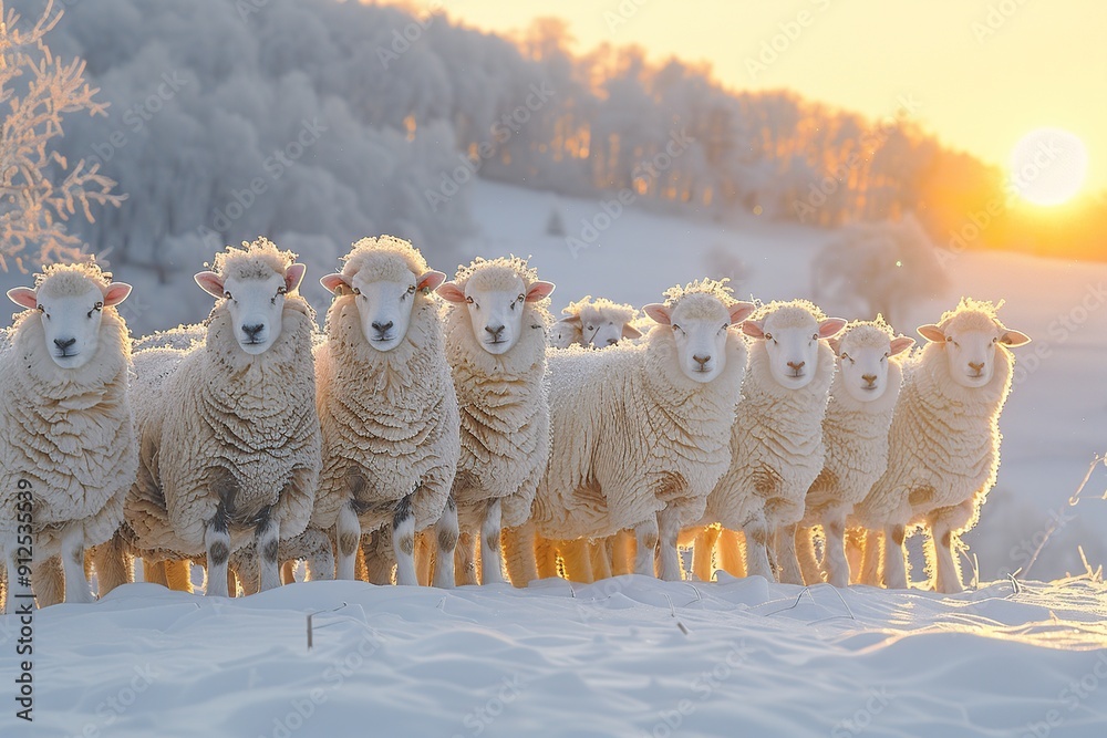 Poster sheep flock in snowy landscape