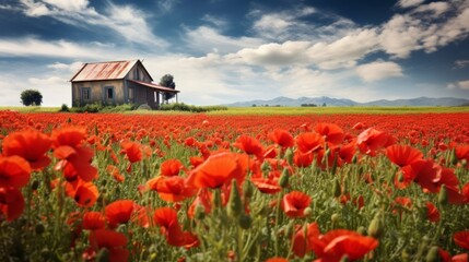 Rustic farmhouse amidst a field of vibrant poppies