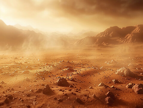 Vast Red Desert Landscape With Rocky Terrain Under Dramatic Atmospheric Conditions on Mars During Dusk
