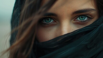 A young woman gazes intently, her striking blue eyes visible through the dark fabric of her scarf, set against a blurred natural background