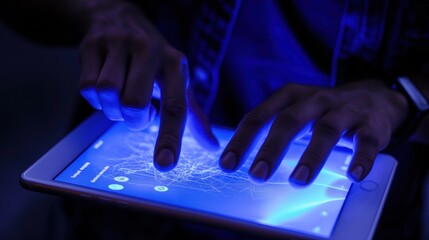 A person uses a tablet that emits vibrant blue light, tapping on intricate data visualizations against a dark background, showcasing technology and innovation