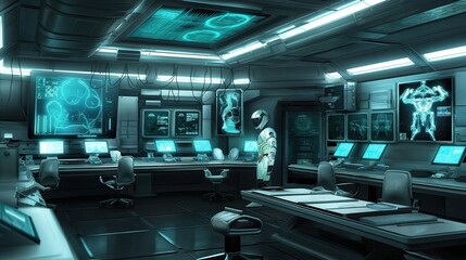 High-tech laboratory features glowing screens and robotics, highlighting advanced research and experimentation in a futuristic environment
