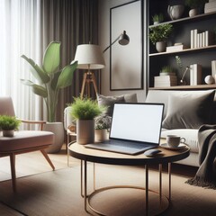 modern living room with a laptop on a table
