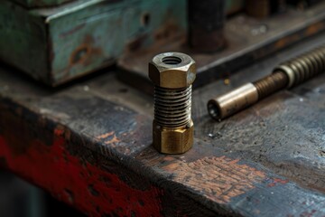 Brass fitting standing on a workbench in a mechanical workshop, with other tools in the background