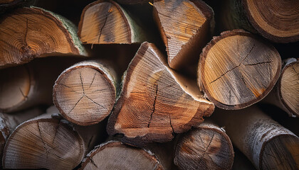 Stacked firewood, rich textures and varied colors of the wood. Close-up.