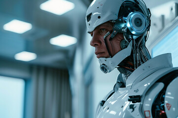 Fototapeta premium Robot cyborg humanoid helper in activities of daily life routine living with people, Generative AI