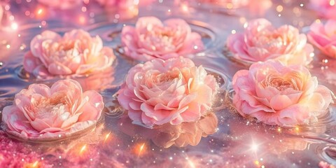 Beautiful pink flowers, peach peonies floating on the water with sparkling bokeh lights. Ideal for romantic, spa and nature designs. Delicate fairytale floral background with shimmer and magic