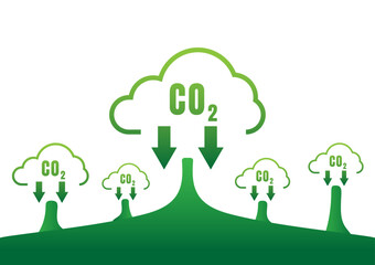 Carbon Dioxide Reduction Concept. Many green clouds tree and the CO2 symbol, down arrow on white background.