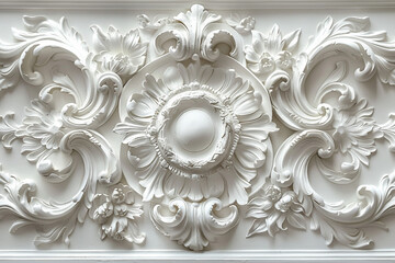 An intricate white bas-relief sculpture of flowers on a wall created with generative AI technology