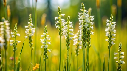 Delicate Spiranthes sinensis orchids bloom in a lush meadow, their slender stems adorned with intricate spiral flowers in shades of white and yellow.