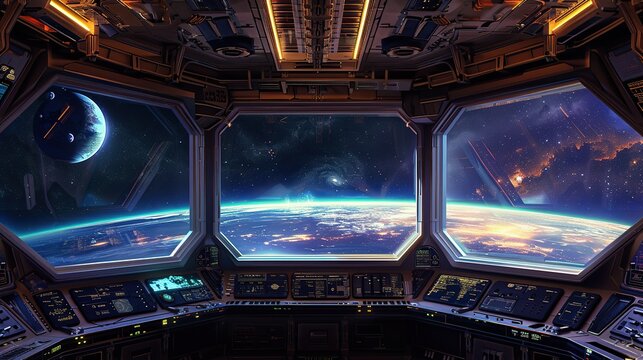 Bright spaceship interior with a view out a dark window. copy space for text.
