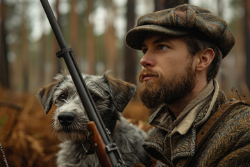 Fototapeta premium Hunter male female shooting from rifle gun in woods safari hunting season, Generative AI