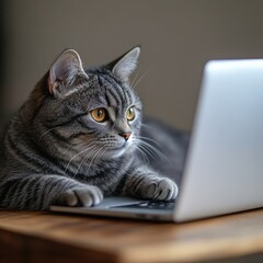Tech Savvy Cat Engaged with a Computer on a Desk
