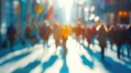 A city street scene with people walking, all faces intentionally blurred to focus on the environment