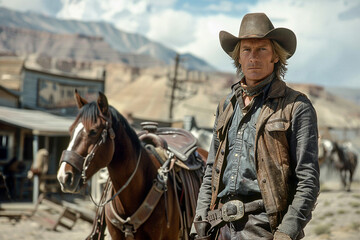 Dramatic western movie scene personage harsh brutal cowboy beautiful cowgirl, Generative AI