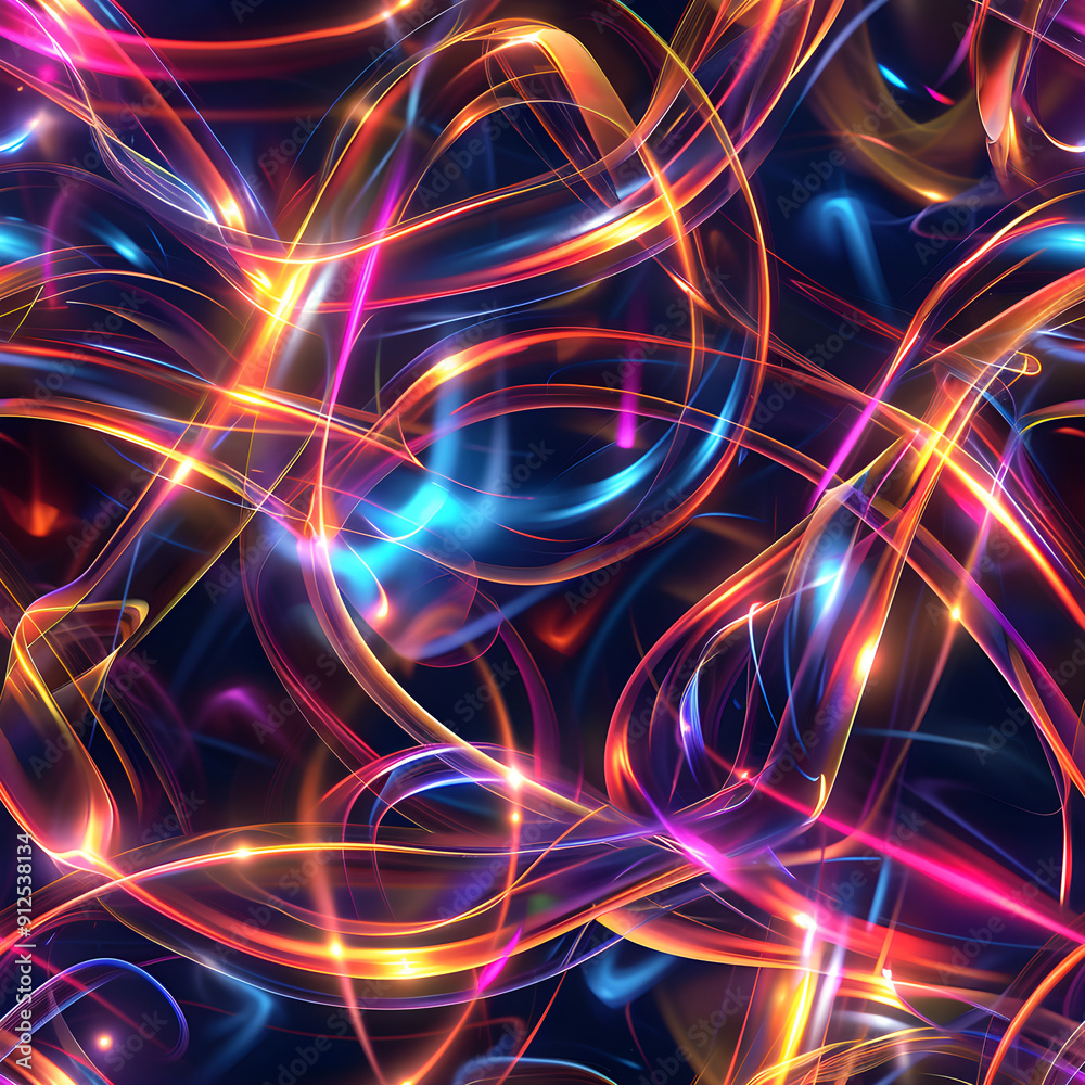 Poster Colorful light trails forming an abstract pattern on black background