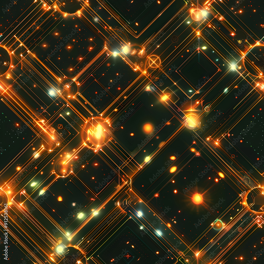 Poster digital pattern connecting futuristic orange glowing shapes