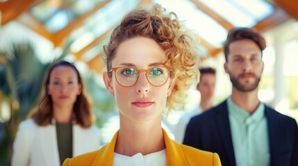 A confident business team standing together in a modern office lobby, symbolizing unity and professionalism. The photo offers generous copy space for highlighting company values or promotional
