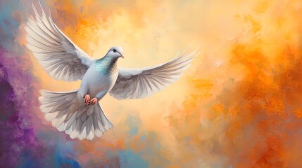Obraz premium Graceful Silver Dove Soaring: A Stunning Poster for Sports Interiors, Capturing Divine Energy with Vibrant Orange, Yellow, Blue, and Purple Tones