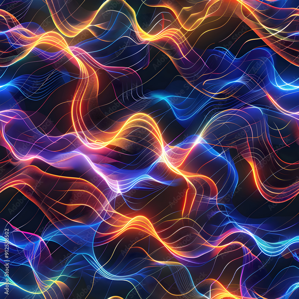 Poster colorful abstract pattern of glowing neon wavy lines flowing on black background