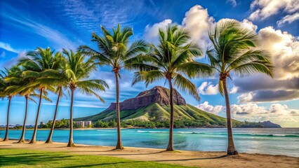 Naklejka premium Tall palm trees sway gently in the ocean breeze at a serene beach park, with the iconic Diamond Head Crater looming in the distance.