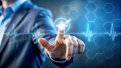 Close-up of finger pointing to vital signs symbol, representing monitoring of temperature, pulse, respiration, blood pressure, and oxygen saturation in modern healthcare and medical technology.