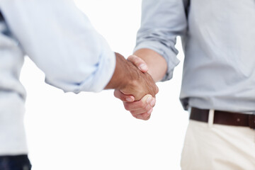 Fototapeta premium Shaking hands, business men and onboarding with agreement, thank you and corporate partnership in office. Startup, welcome and b2b handshake from teamwork, promotion news and success from crm meeting