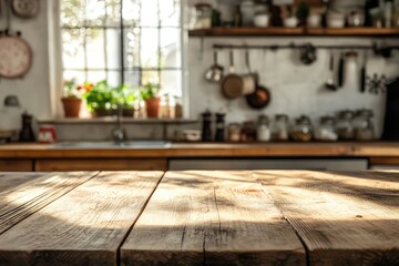 Beautiful natural wooden table with kitchen background, ai