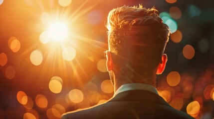 A confident entrepreneur giving a motivational speech at a business conference, conveying influence and authority. The background provides ample copy space for adding inspirational messages or