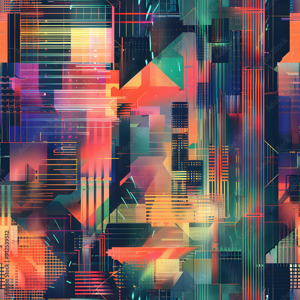 Fototapete abstract pattern showing colorful geometric shapes creating modern cityscape