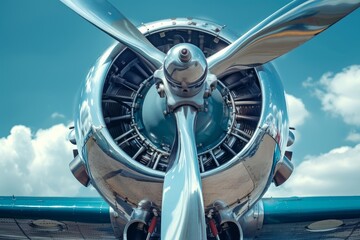 Shiny propeller engine of a vintage airplane standing on the ground