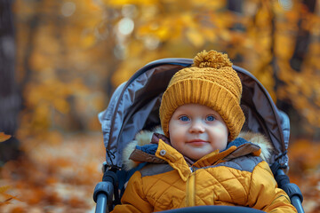 Everyday care promenading with small baby in carriage stroller, city park autumn fall summer time, Generative AI