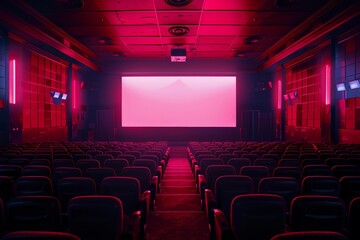 Fototapeta premium Empty cinema auditorium with red lighting and blank screen is waiting for movie to start