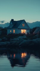 Fototapeta premium A warmly lit cabin by a serene lake at dusk, reflecting tranquility and solitude in a peaceful natural setting.