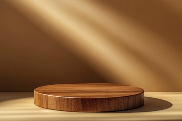Round wooden podium for food, products or cosmetics against bright brown background, ai