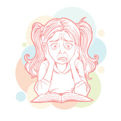 illustration of a hysterical girl while studying, transparent background