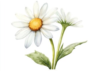 Fototapeta premium Adorable and happy daisy flower in watercolor painting style Cute floral clipart icon of a blooming botanical plant with petals on a simple white background