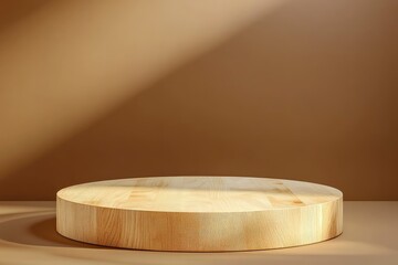 Round wooden podium for food, products or cosmetics against bright brown background, ai