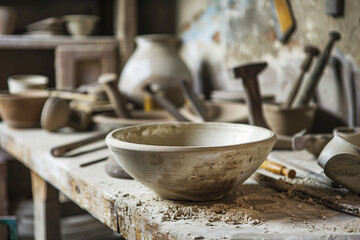 AI generated photo of female artist shaping clay on spinning wheel pottery artist